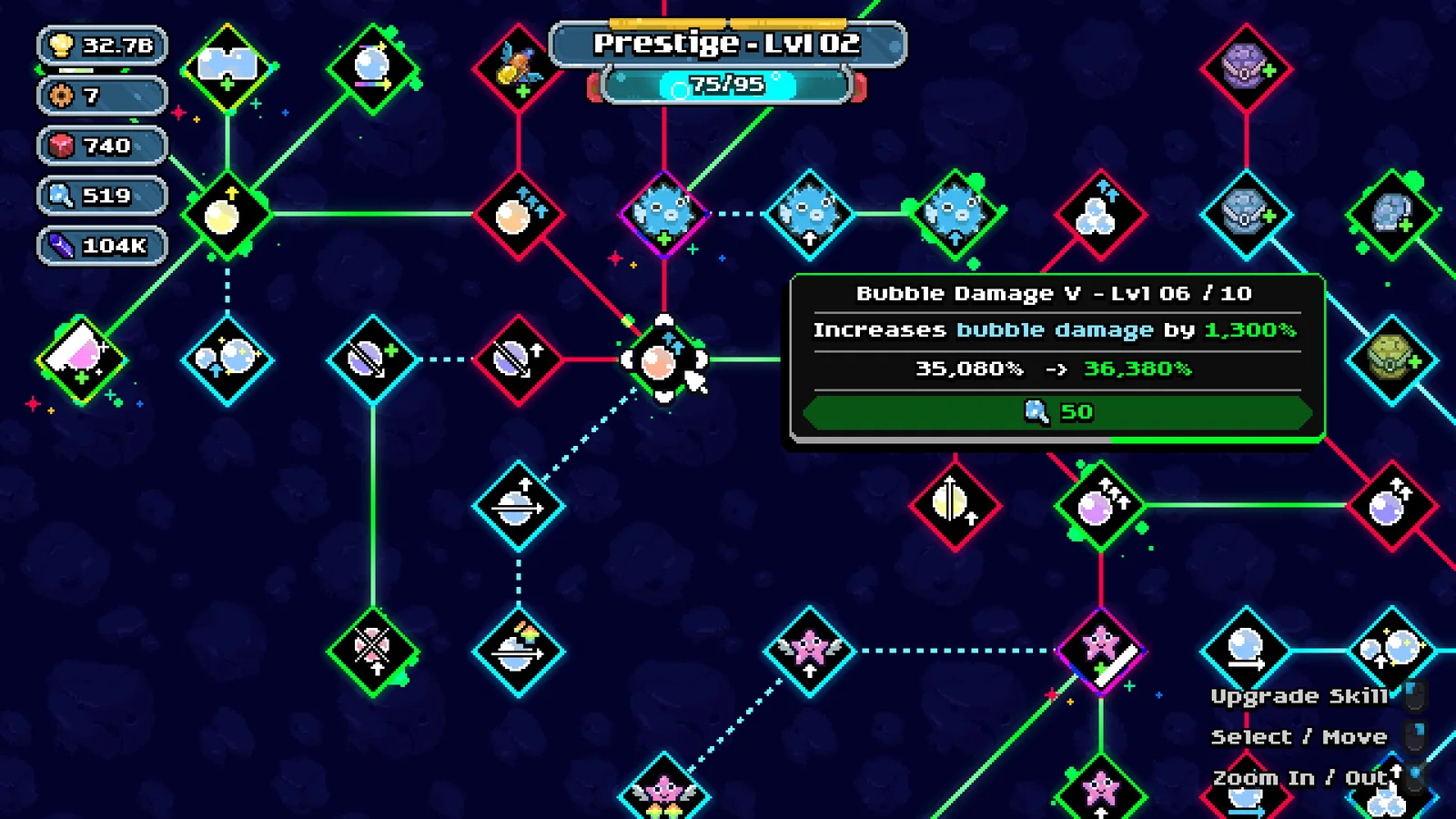 Selected Bubble Damage V node with level, value change and resource cost
