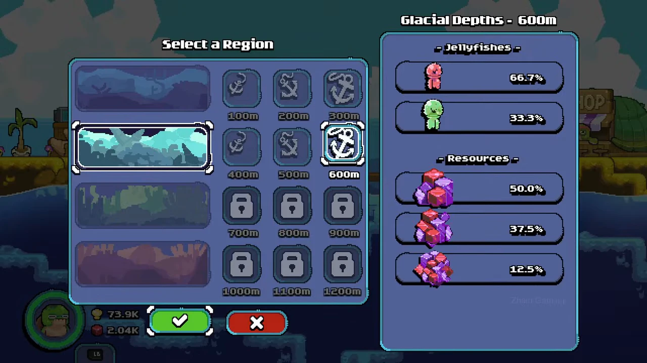 Glacial Depths 600m panel with pink 66.7 percent and green 33.3 percent jellyfish entries