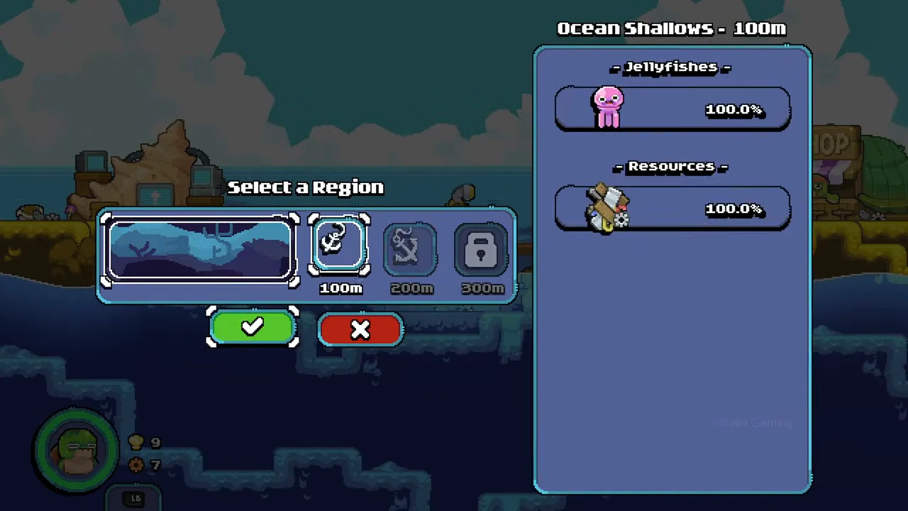 Ocean Shallows 100m panel with one pink-purple jellyfish icon at 100.0 percent