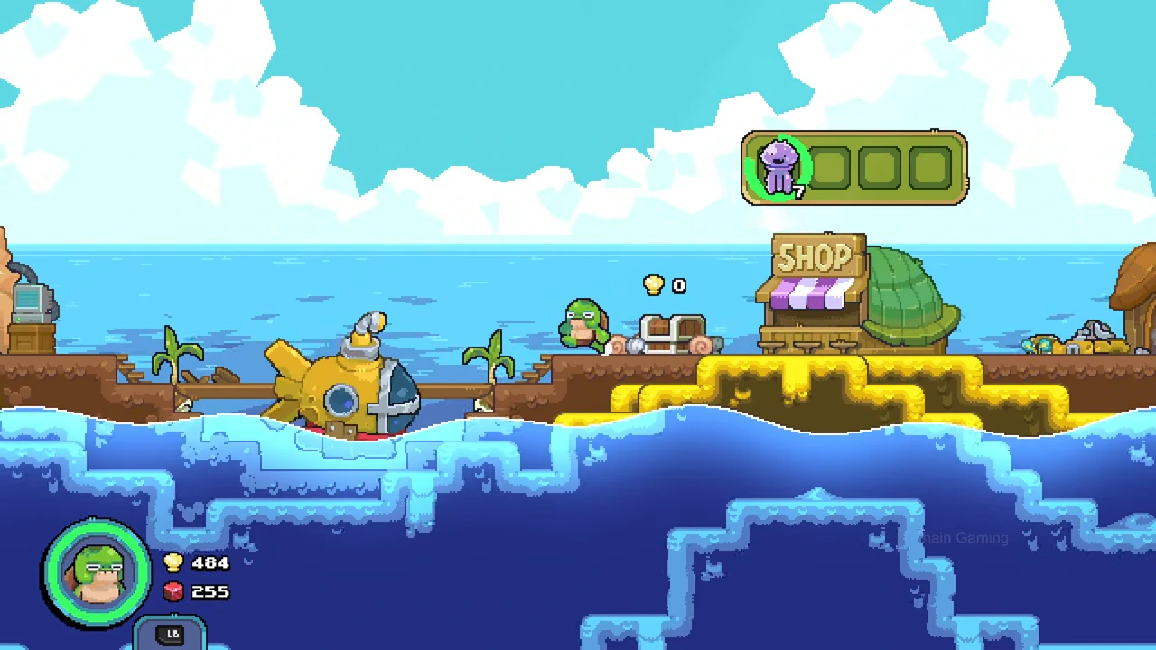 Four shop stock slots above the SHOP sign, with seven purple jellyfish stacked in one slot
