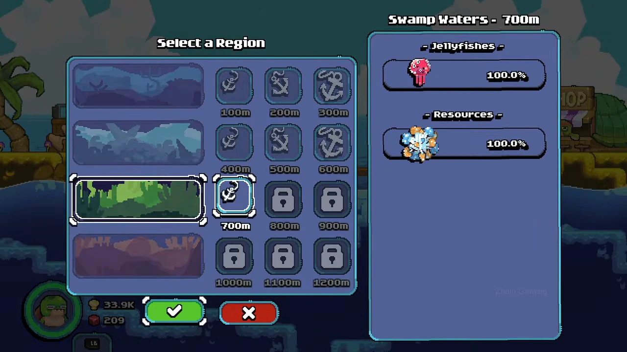 Swamp Waters 700m menu with a many-eyed red jellyfish icon and 100.0%