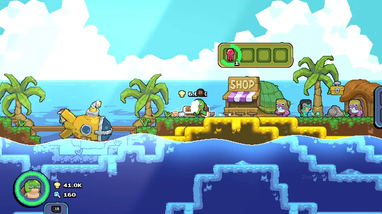 Shop transfer display shows one red jellyfish in the first slot with a green progress arc