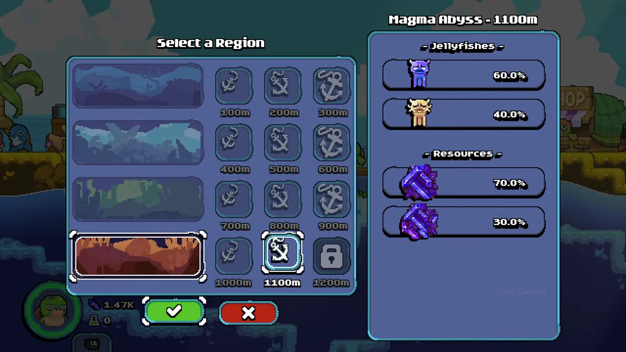 Magma Abyss 1100 m selected while 1200 m remains locked