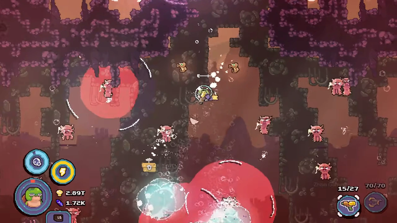 Large red circular effects around horned targets with the diver between them