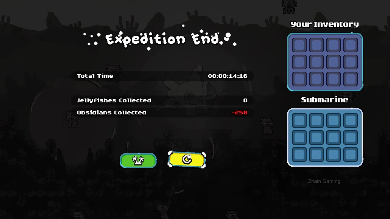 Expedition result shows zero jellyfish, minus 258 obsidians and the displayed time 00:00:14:16