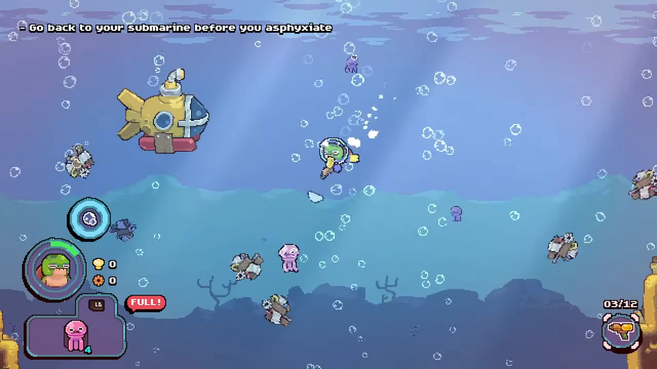 First dive with four jellyfish, Full inventory and a separate bubble-tool counter